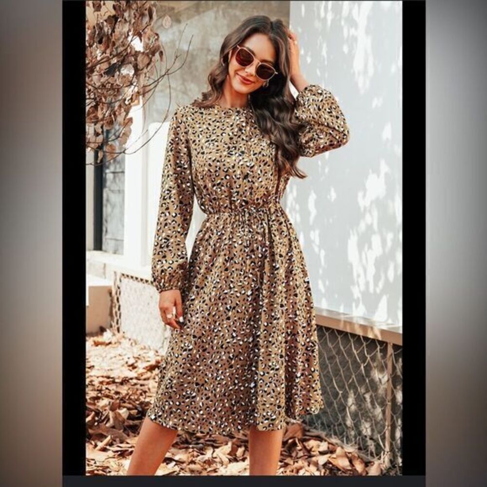 Cupshe Boho Leopard Print Midi Peasant Sleeves A-line Dress Size XL RefCPS056